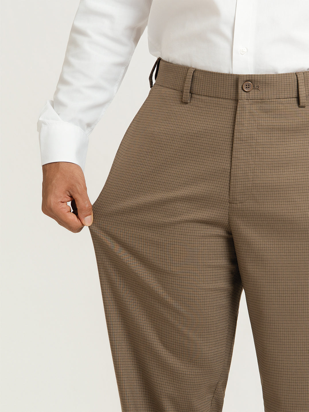 Terraforge Brown Micro Checks Relaxed Fit Formal Trousers