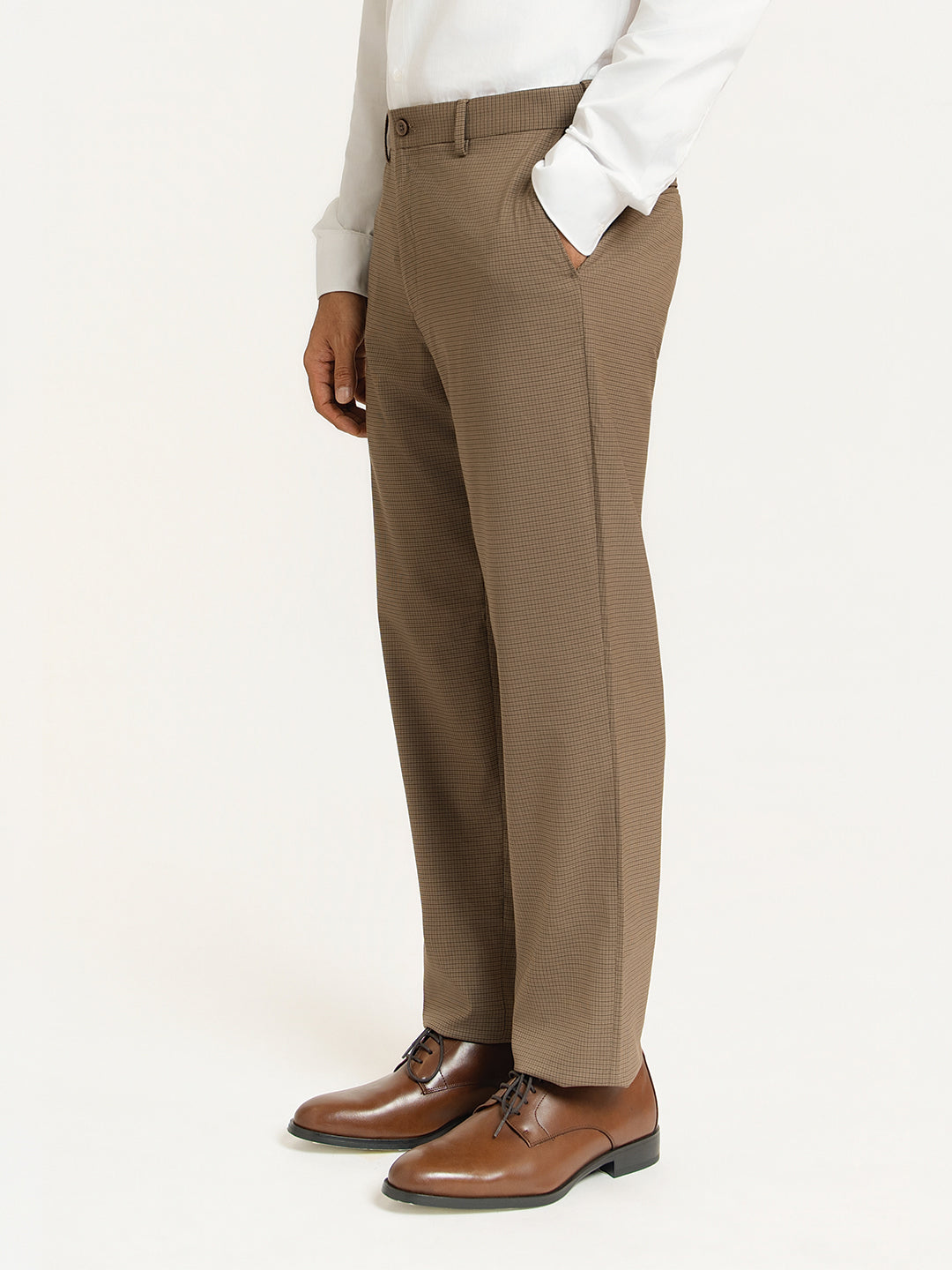 Terraforge Brown Micro Checks Relaxed Fit Formal Trousers