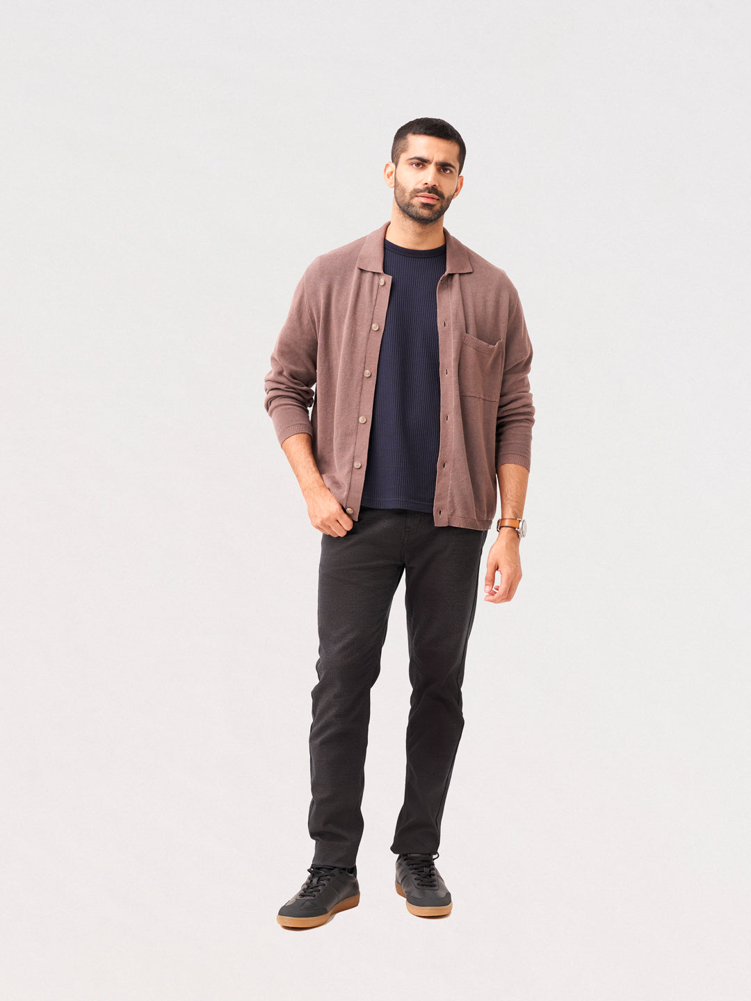 Wood Brown Checks Slim Fit Jeanos