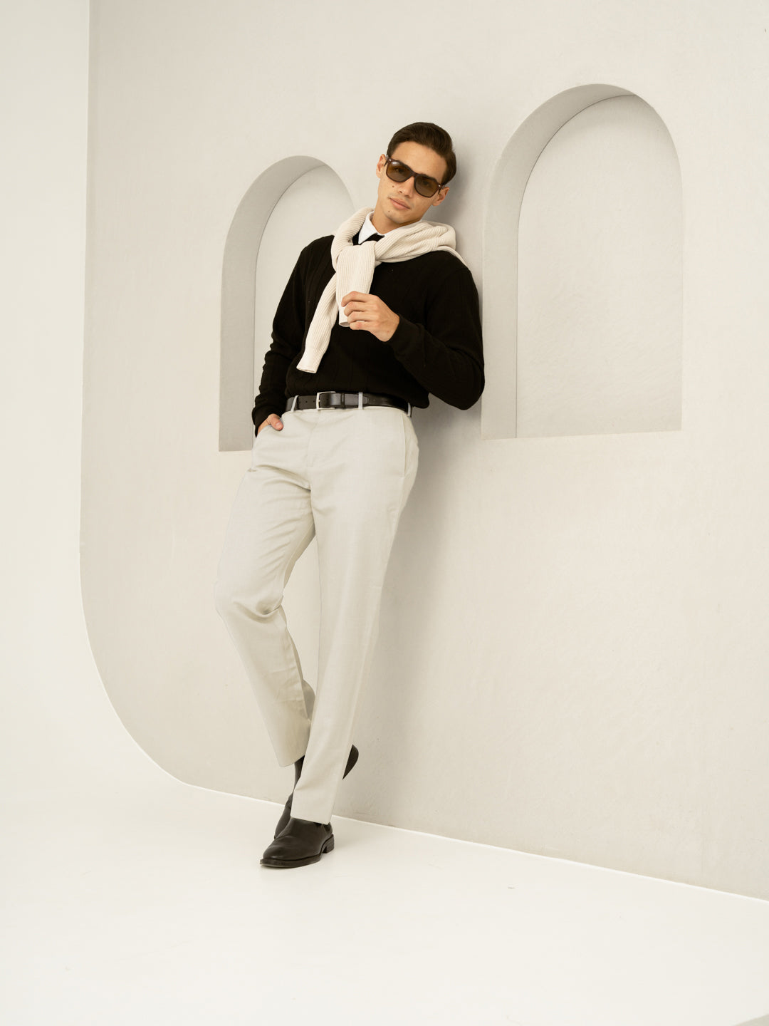 Elara Cream Melange Stretch Formal Pants