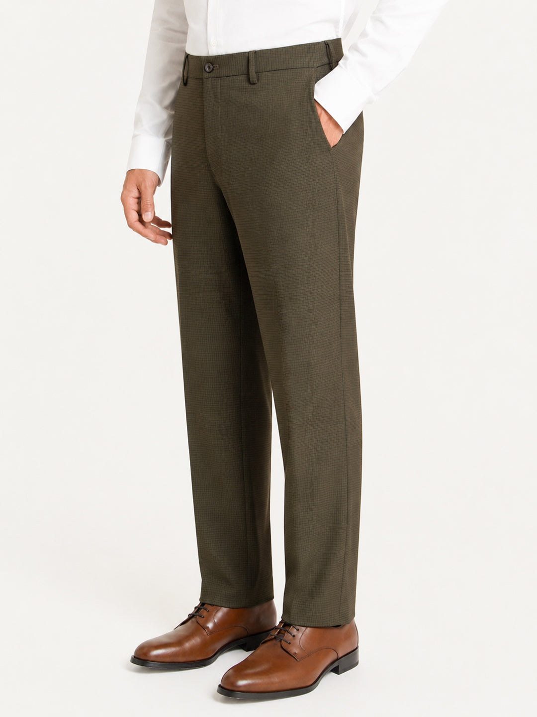 Bushland Olive Micro Checks Relaxed Fit Formal Trousers