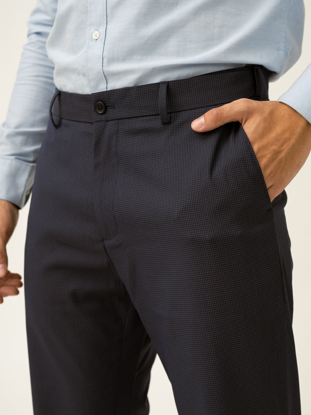 Whale Blue Mini Checks Relaxed Fit Stretch Formal Pants