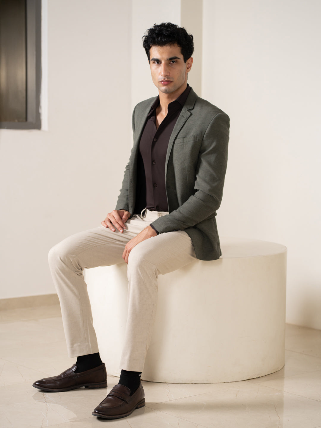 Spaniel Khaki Houndstooth Slim Fit Stretch Formal Pants