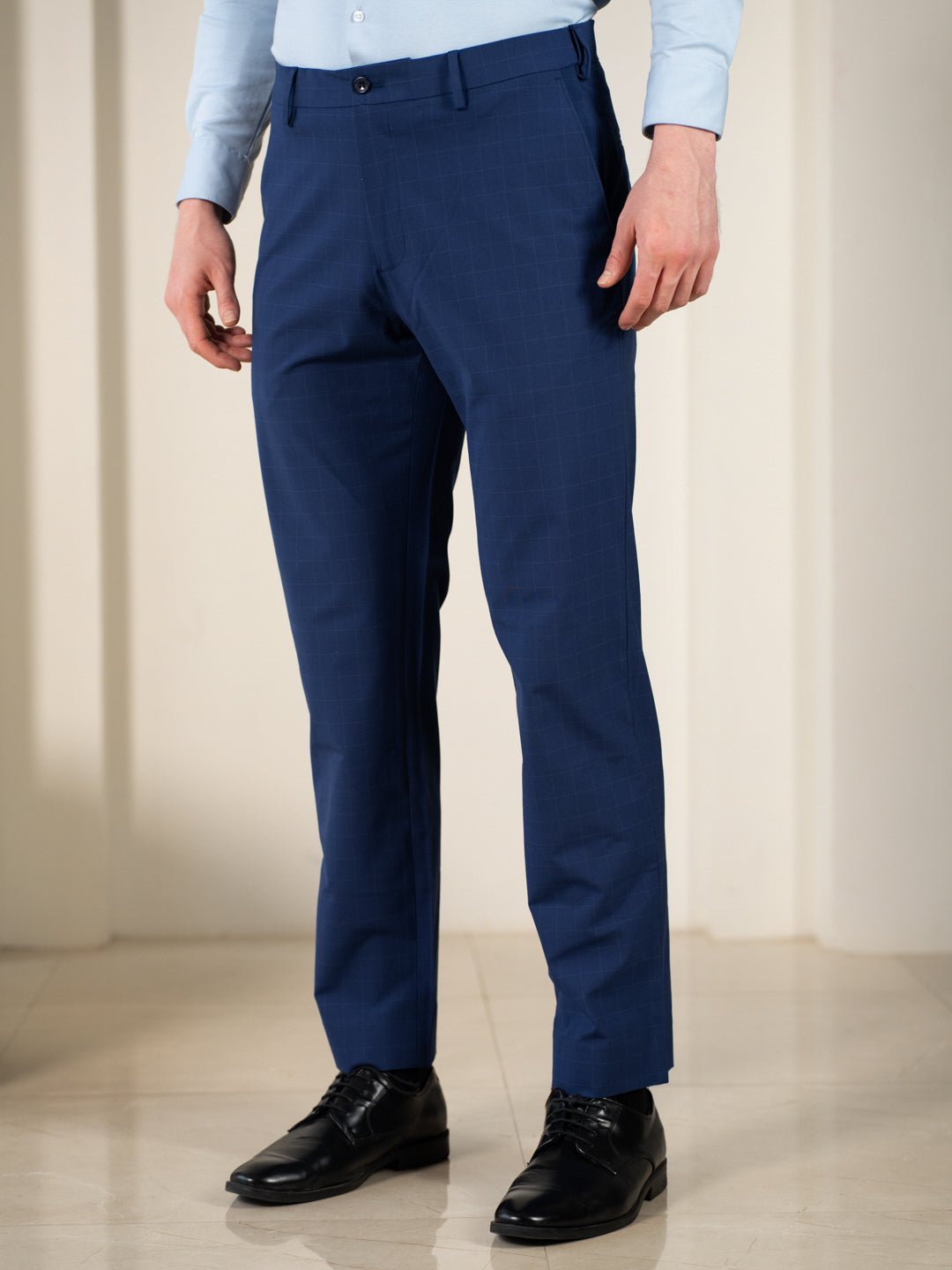 Editor Blue Checks Relaxed Fit Stretch Formal Pants