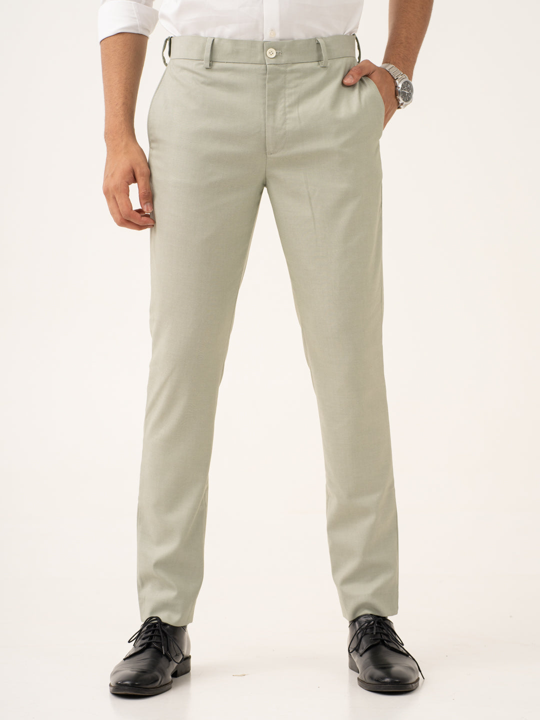 Ostrich Green Twill Stretch Formal Pants