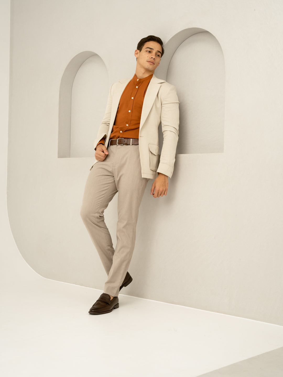 Cork Beige Textured Formal Pants