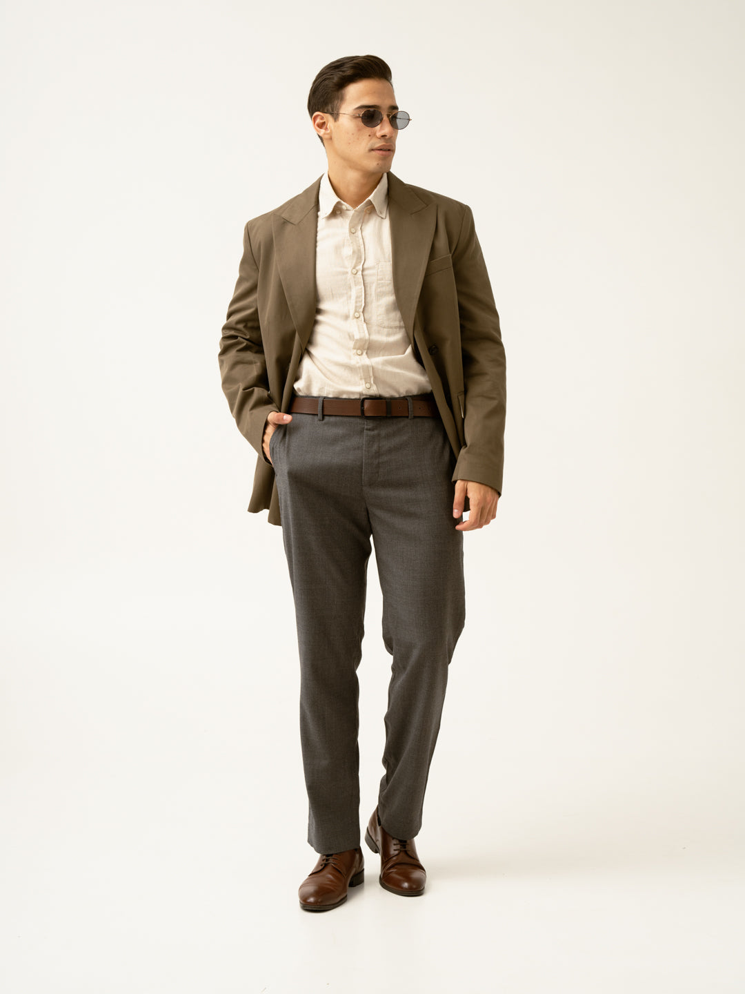 Mature Brown Grey Textured Formal Pants
