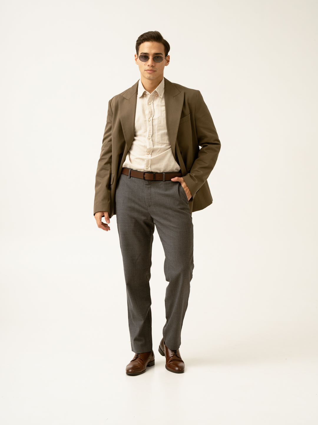 Mature Brown Grey Textured Formal Pants