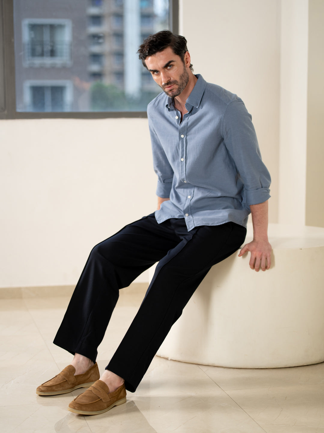Brooke Navy Relaxed Fit Power Stretch Korean Pintuck Pants