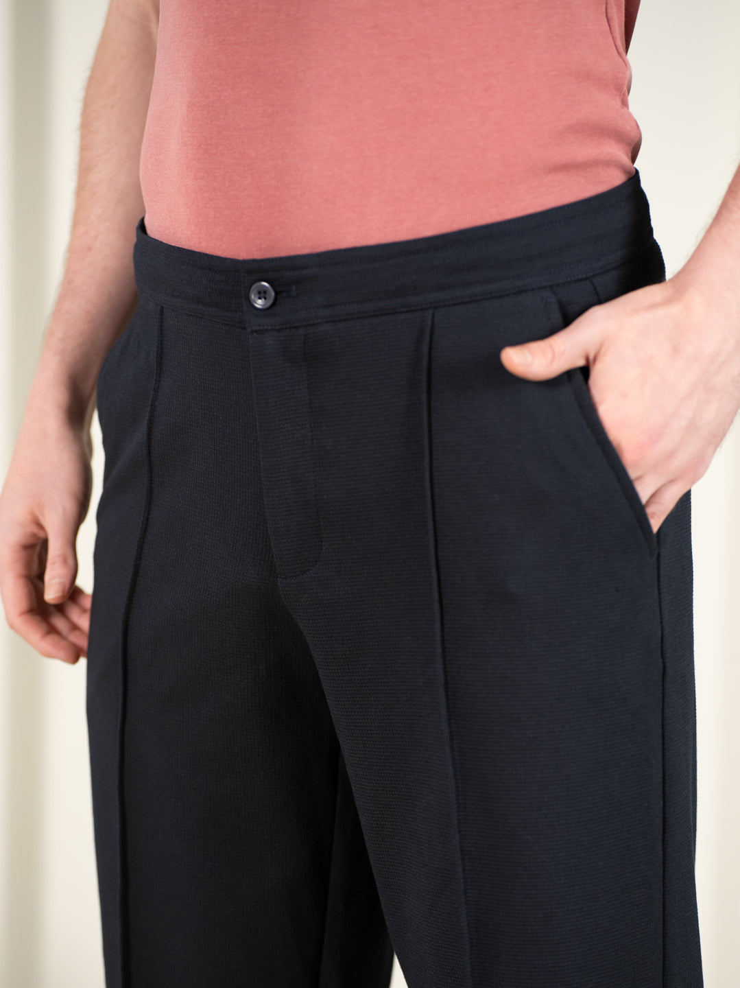 Brooke Navy Relaxed Fit Power Stretch Korean Pintuck Pants
