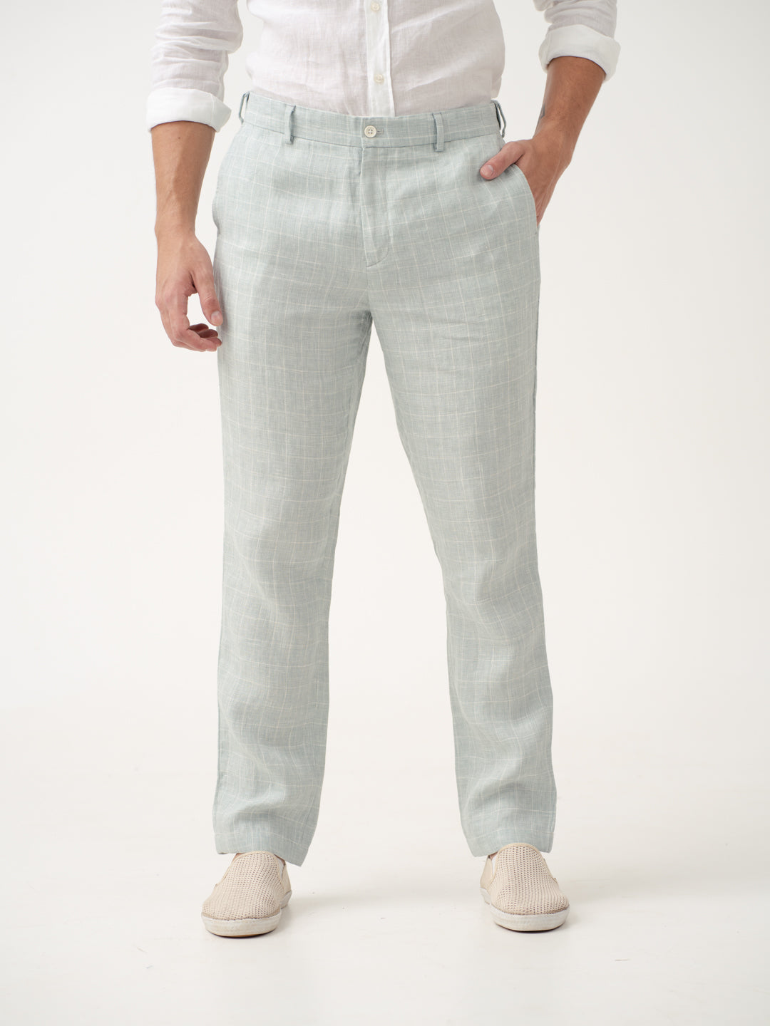 Pista Green Checks 100% Linen Pants