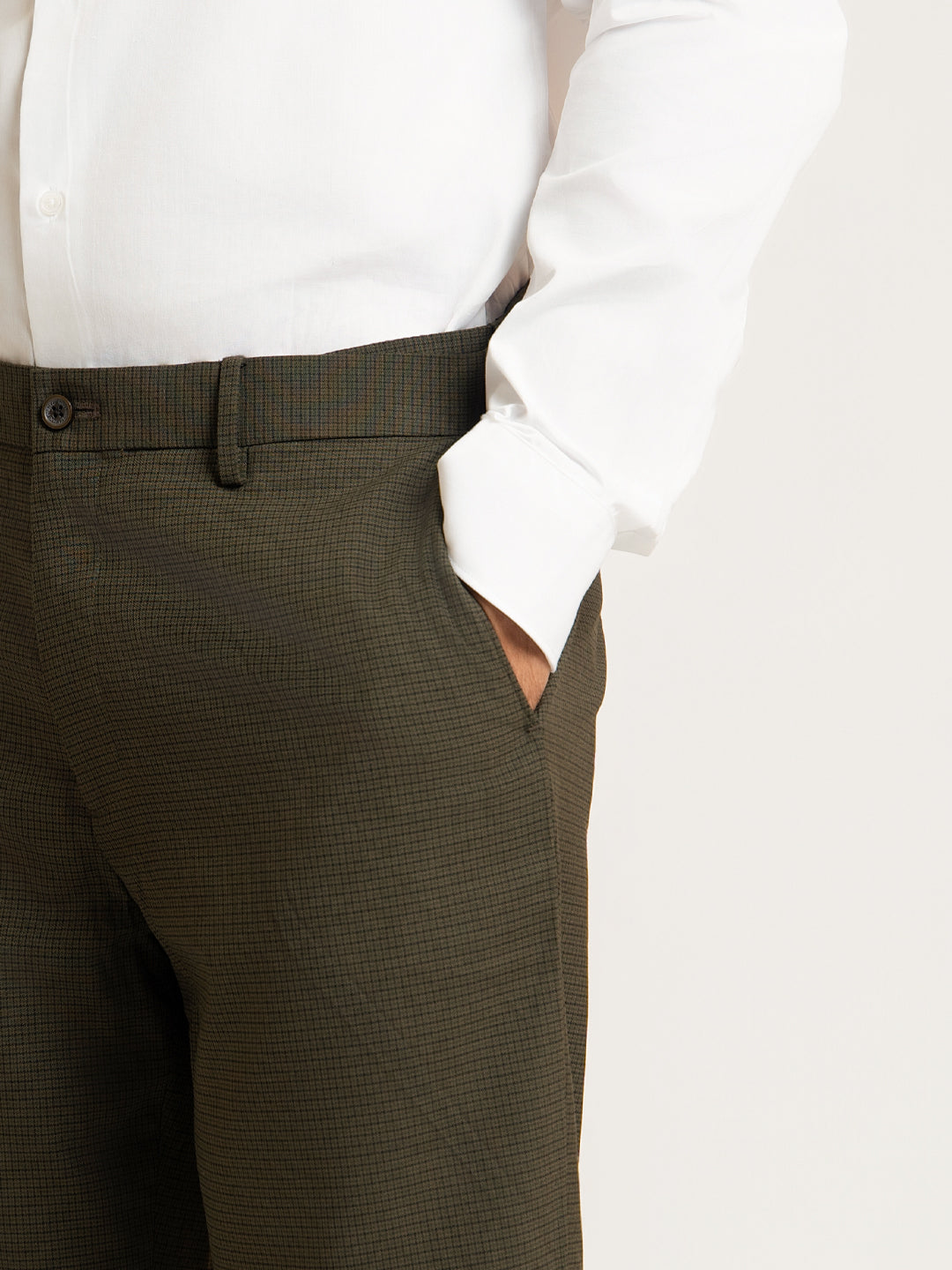 Bushland Olive Micro Checks Relaxed Fit Formal Trousers