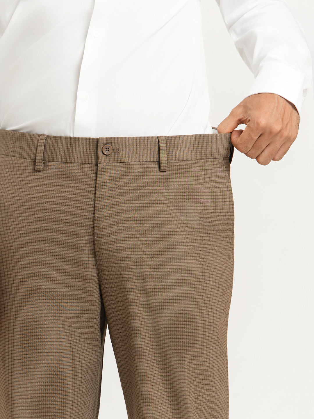 Terraforge Brown Micro Checks Relaxed Fit Formal Trousers