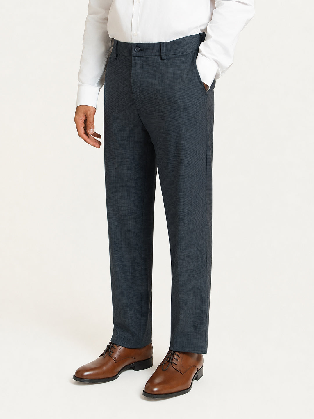 Ferron Grey Micro Checks Relaxed Fit Formal Trousers