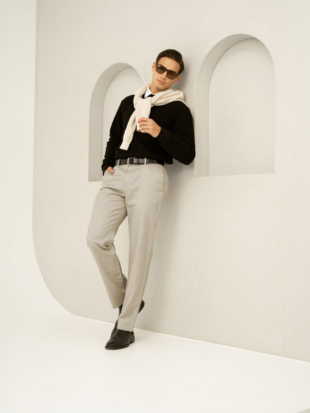 Flanor Beige Melange Stretch Formal Pants