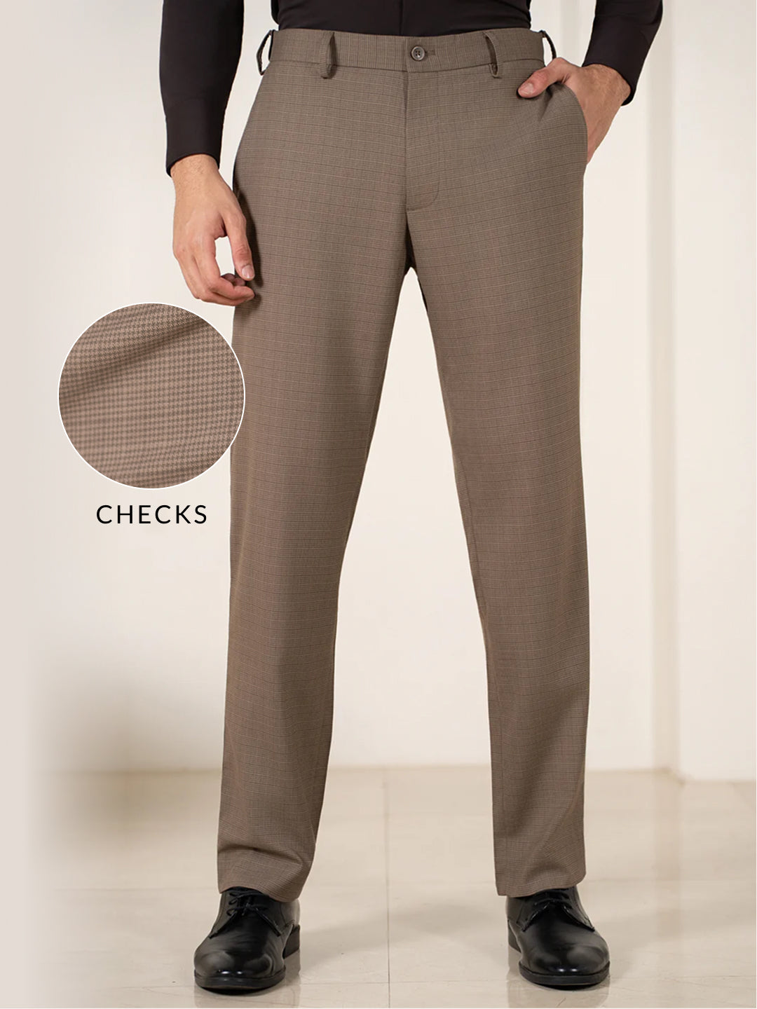 Beagle Khaki Houndstooth Relaxed Fit Stretch Formal Pants