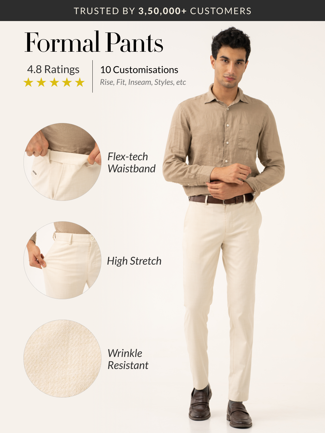 Buff Beige Melange Stretch Formal Pants