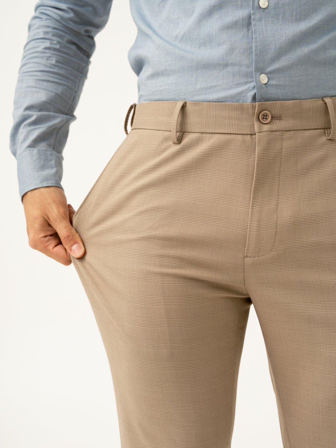 Sand Beige Checks Formal Slim Fit Stretch Pants