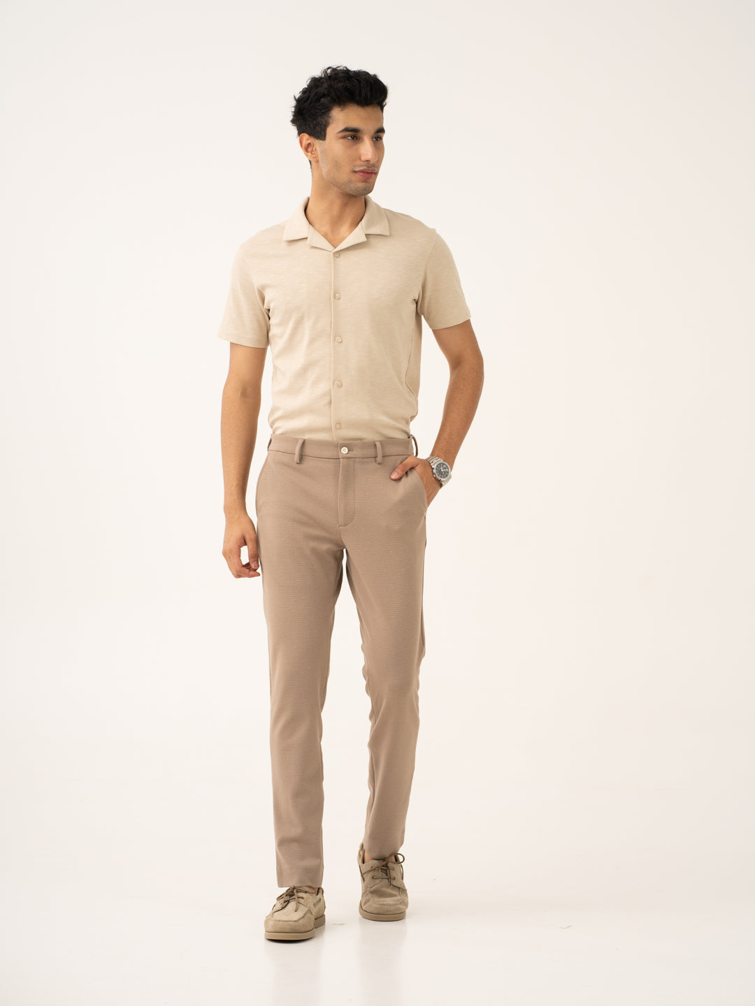 Byte Beige Waffle Textured Power-Stretch Pants