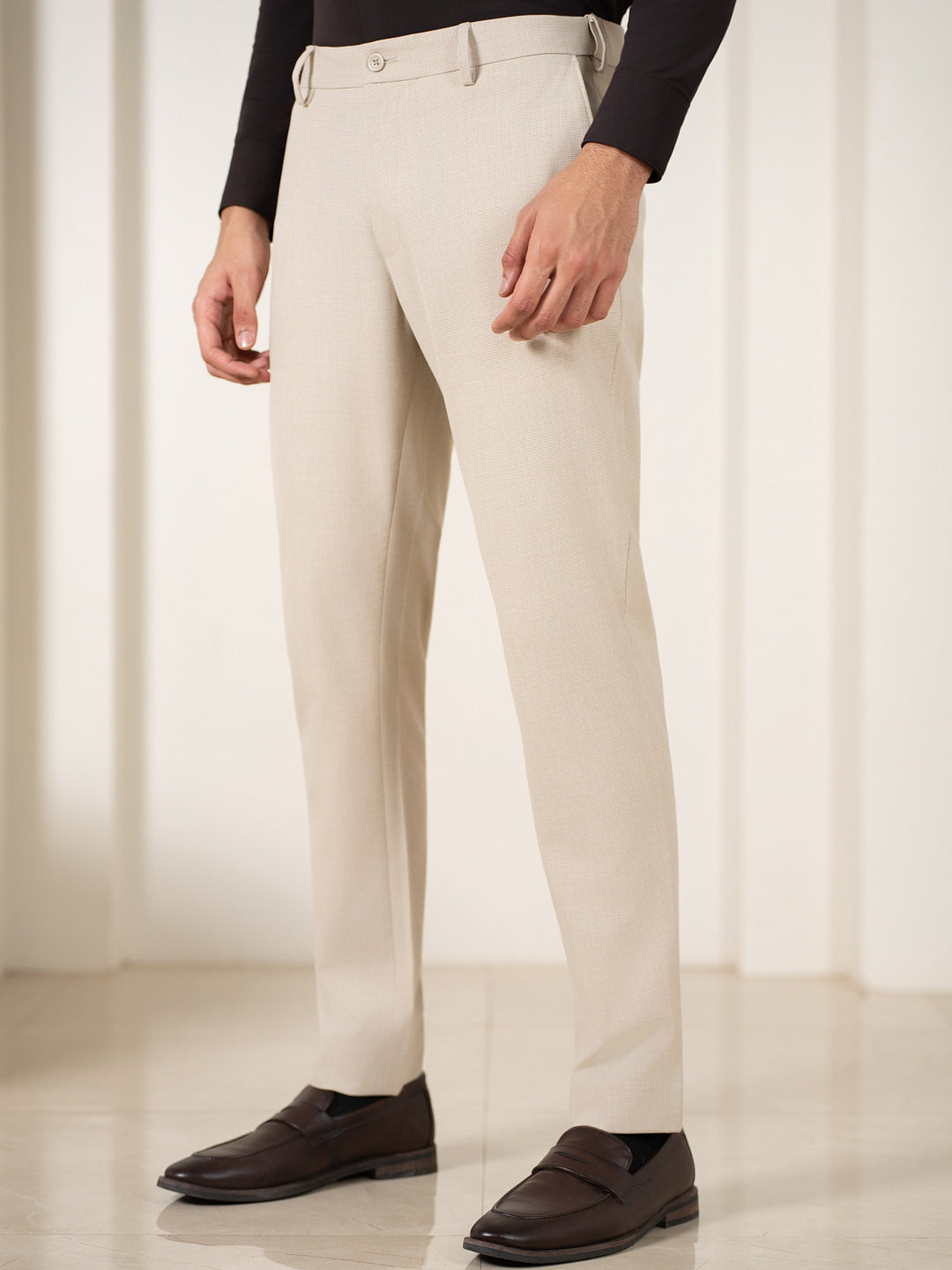 Spaniel Khaki Houndstooth Slim Fit Stretch Formal Pants