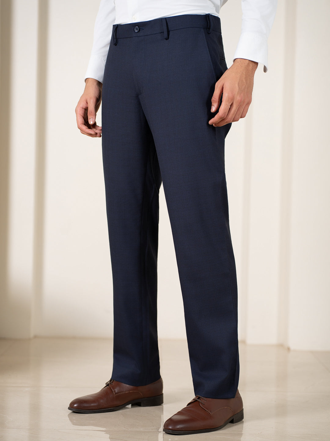 Bernard Navy Houndstooth Relaxed Fit Stretch Formal Pants