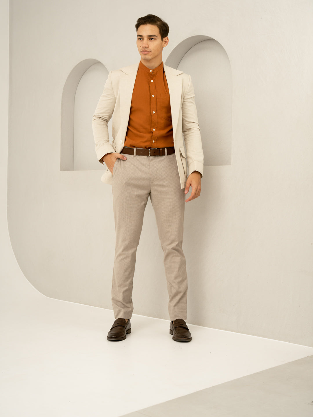 Cork Beige Textured Formal Pants
