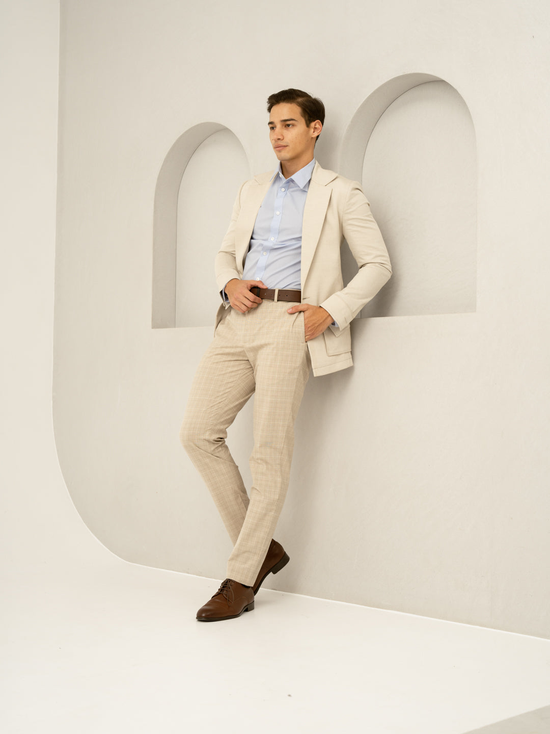Canvas Beige Checks Formal Pants