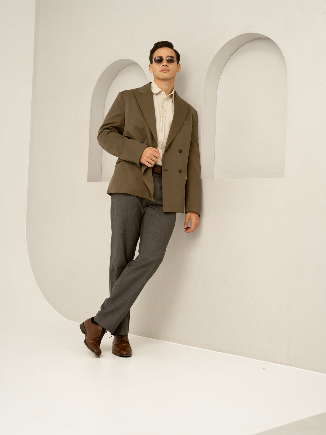 Mature Brown Grey Textured Formal Pants