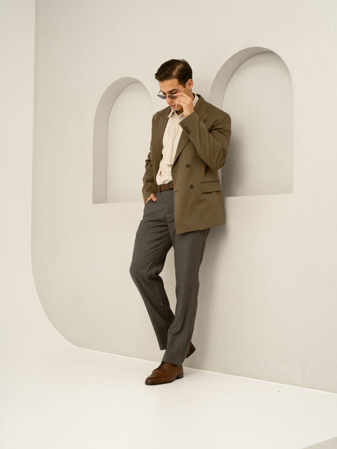 Mature Brown Grey Textured Formal Pants
