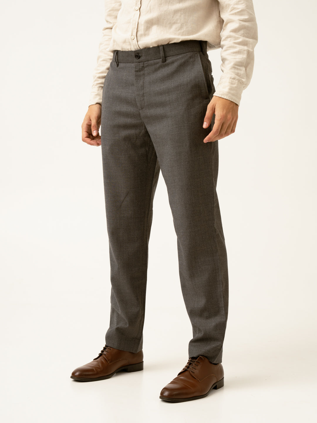 Mature Brown Grey Textured Formal Pants