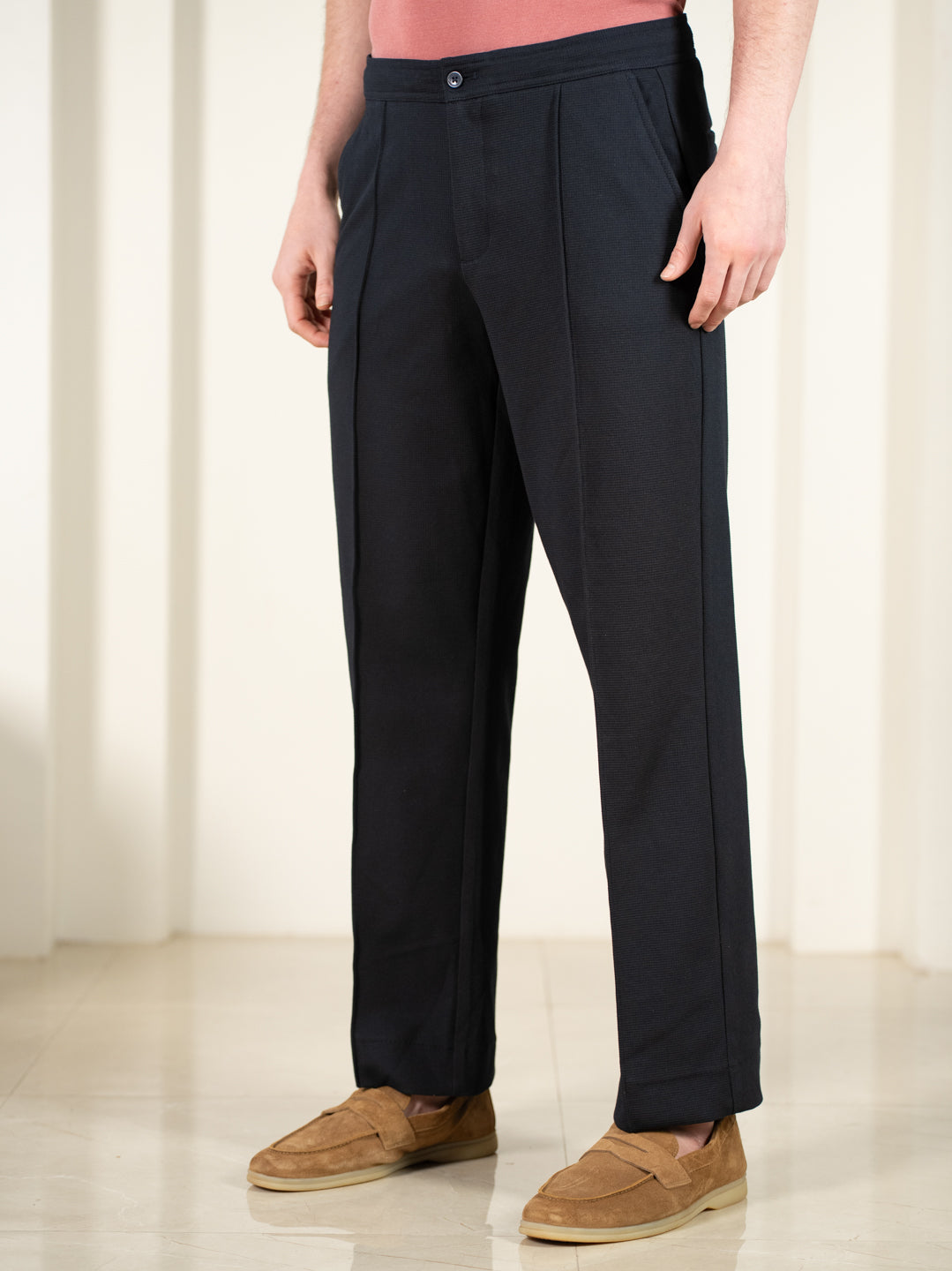 Brooke Navy Relaxed Fit Power Stretch Korean Pintuck Pants