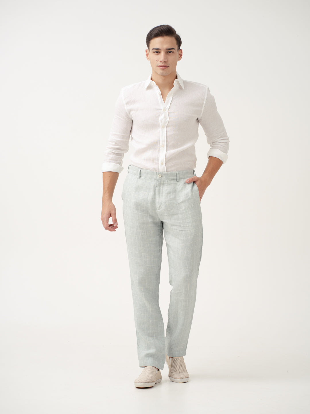 Pista Green Checks 100% Linen Pants