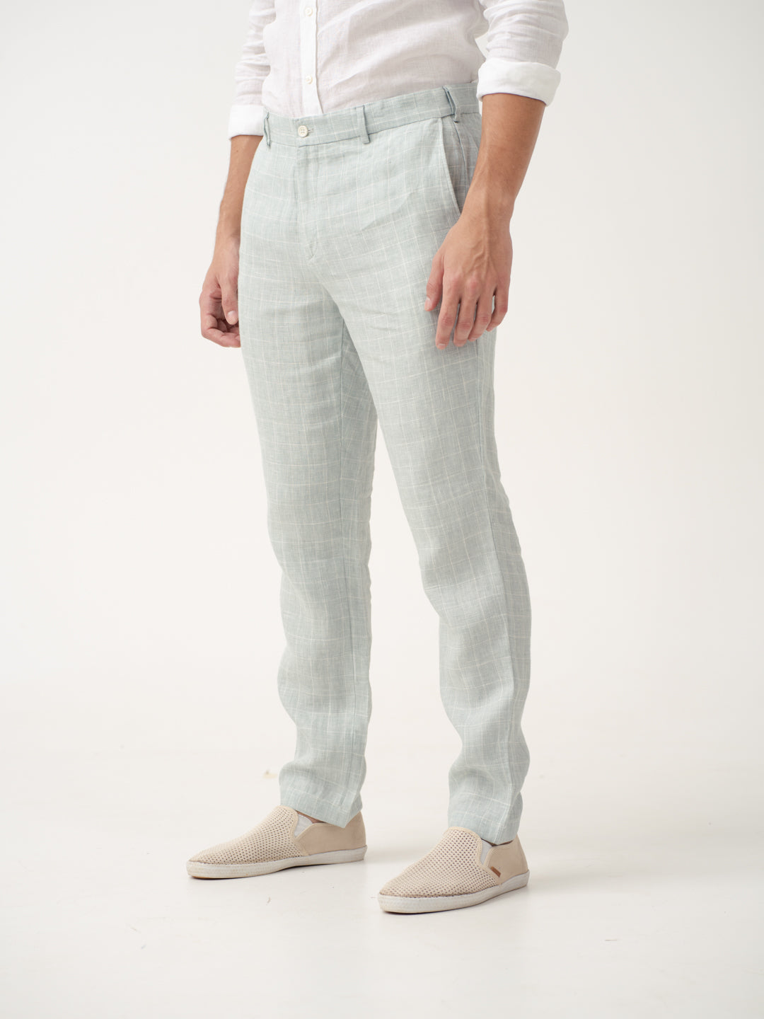 Pista Green Checks 100% Linen Pants
