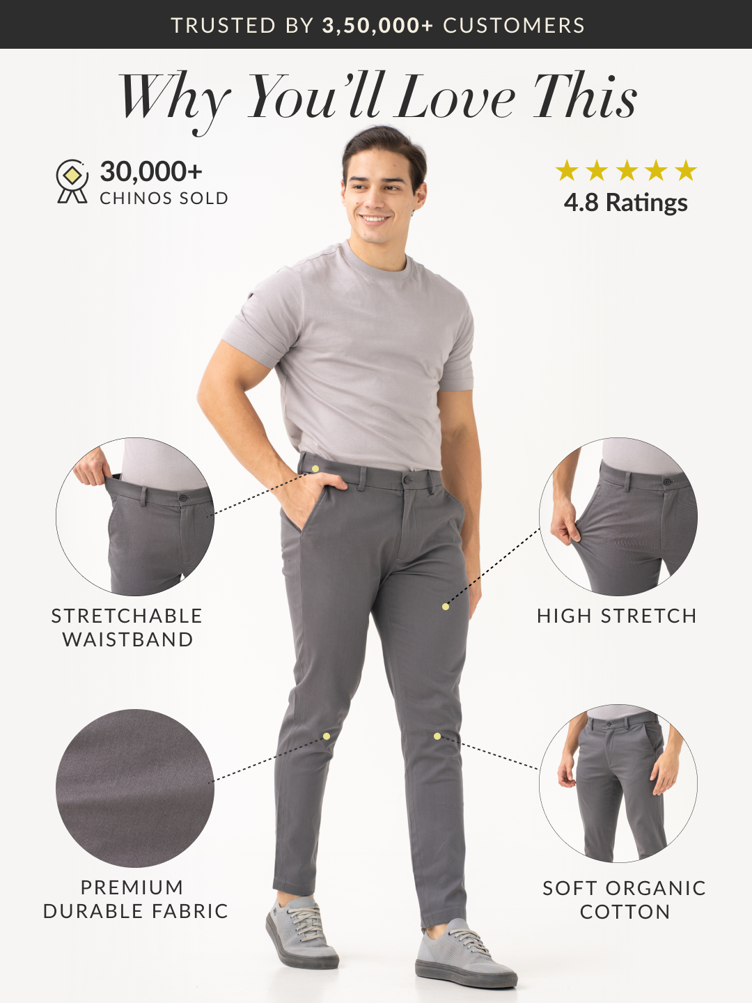 Goal Grey Slim Fit Stretch Chinos