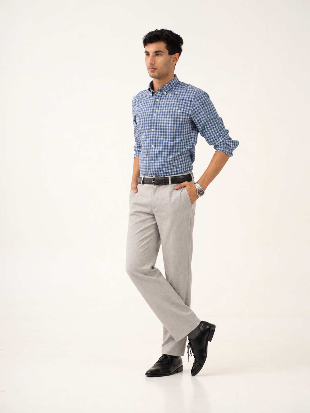 Ion Grey Checks Slim Fit Stretch Formal Pants