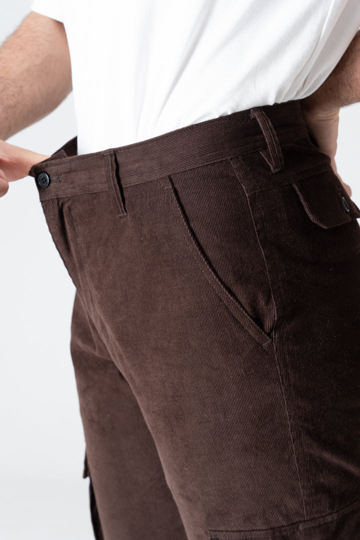 Coffee Brown Corduroy Stretch Cargo Pants
